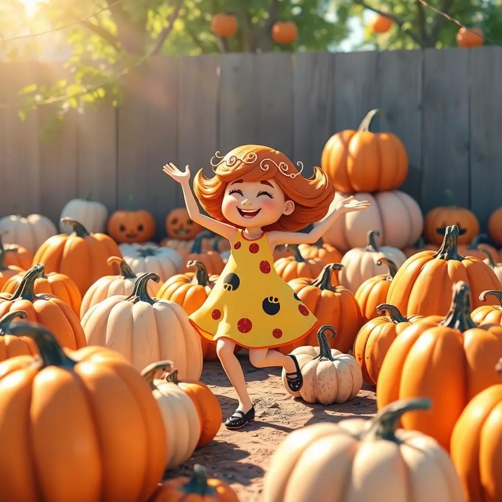 Polly dancing with other pumpkins, all shapes and sizes, a sense of belonging fills the scene, colorful, uplifting, happy atmosphere, bright sunlight, high quality