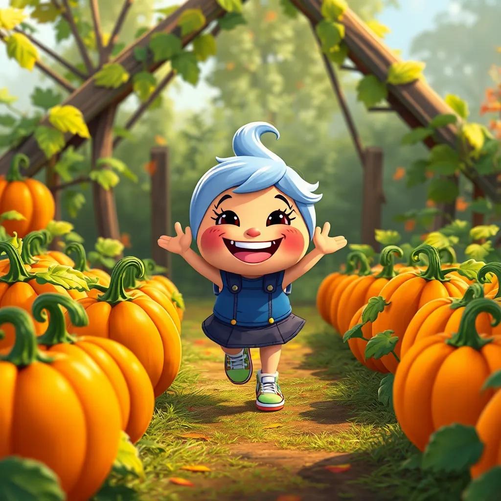 Polly returning to the pumpkin patch with a big grin, sharing her adventure with fellow pumpkins, colorful and cheerful, inviting atmosphere, high quality, heartwarming