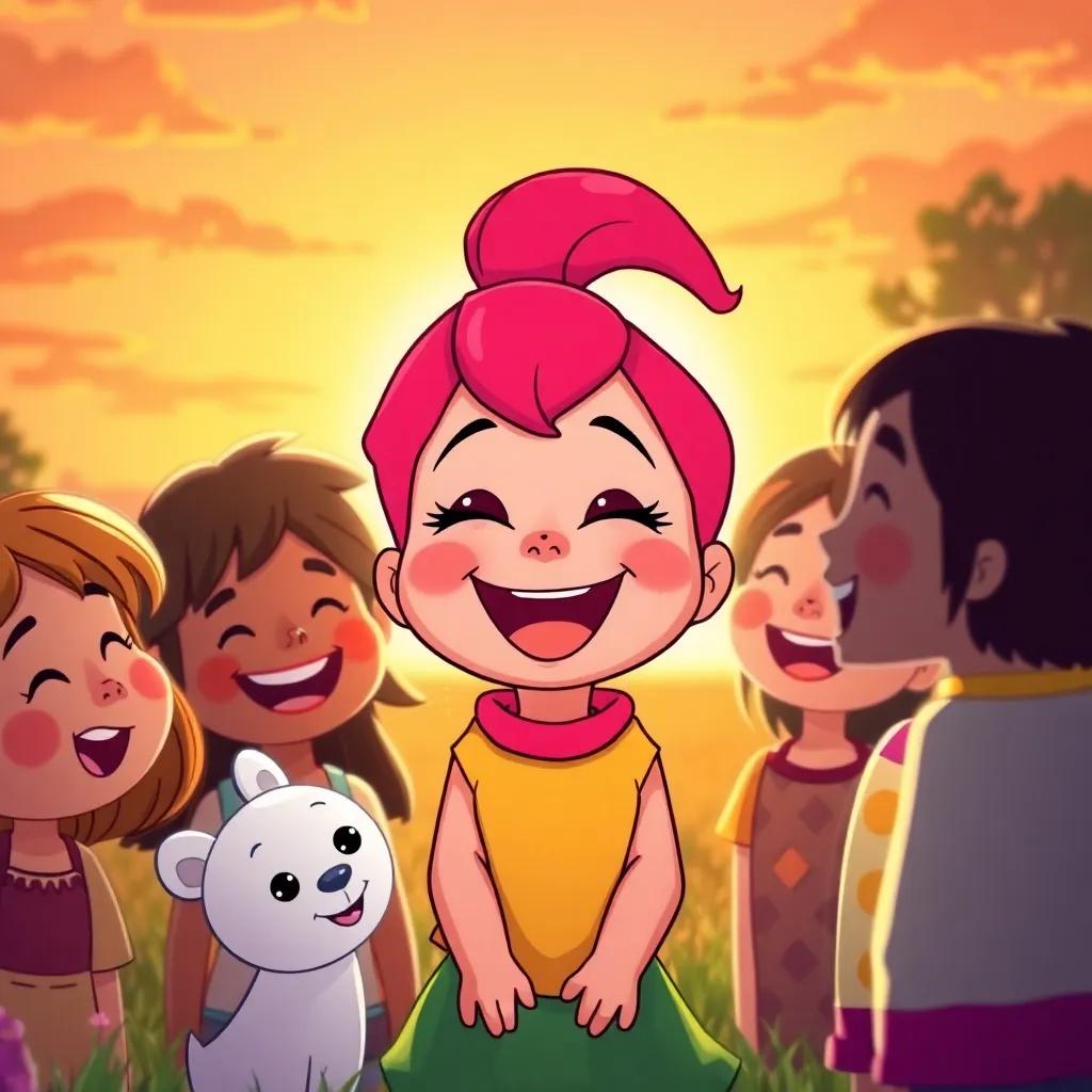 A joyful scene of Polly among her friends with a glowing sunset in the background, happiness and acceptance shining through, vibrant colors, child-friendly, heartwarming