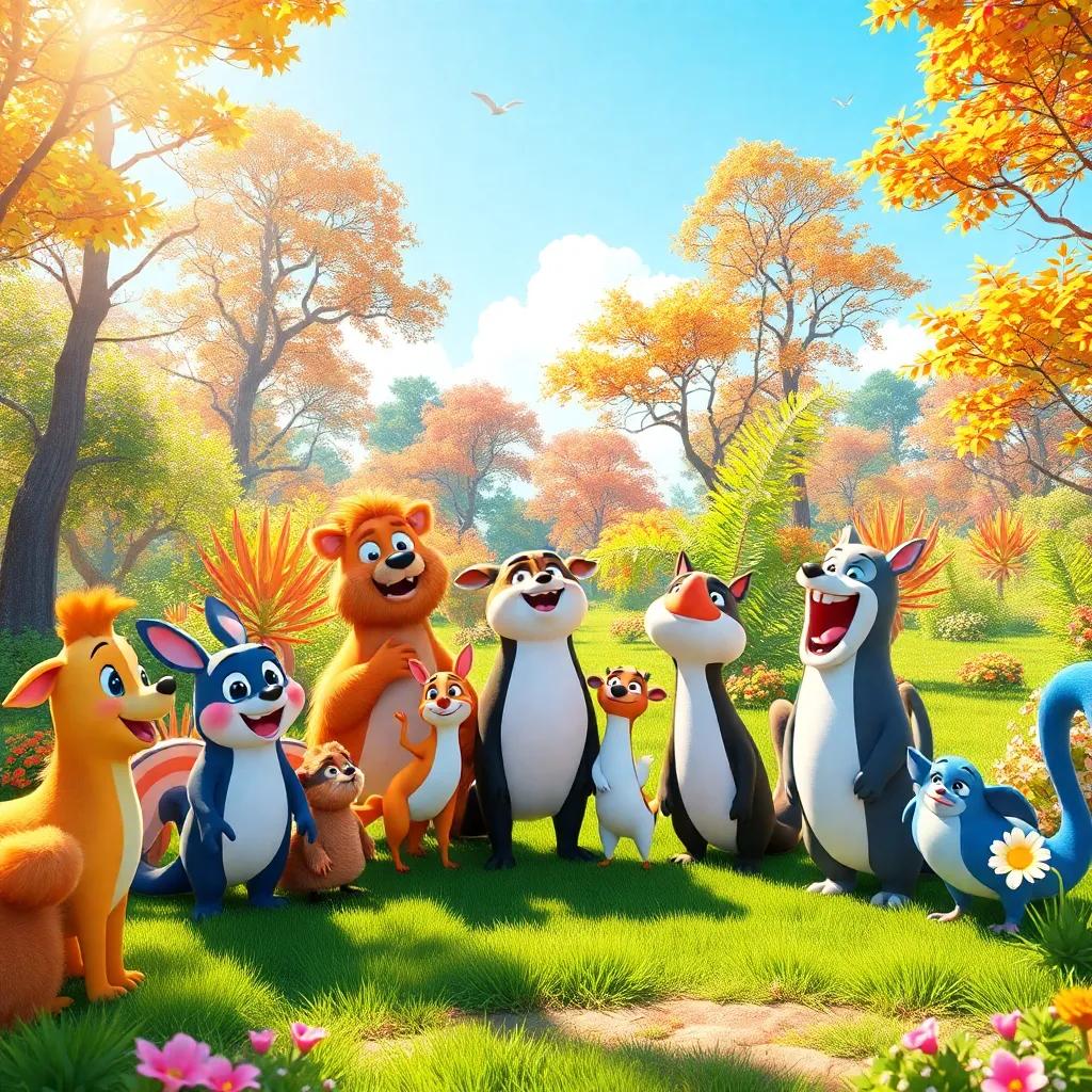 A sunny forest with cheerful animals gathering around, looking excited, colorful trees and flowers in the background, digital art, bright and vibrant colors, joyful atmosphere, high quality