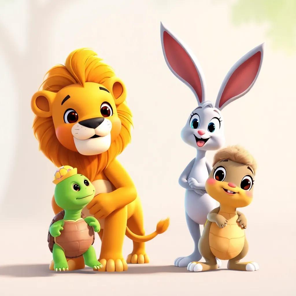 Leo the lion, a brave lion with golden fur, standing proudly, Tilly the turtle, a cute turtle wearing a little cap, beside him, Benny the bunny, a fluffy bunny with big ears, ready to race, illustration, lively and colorful, child-friendly