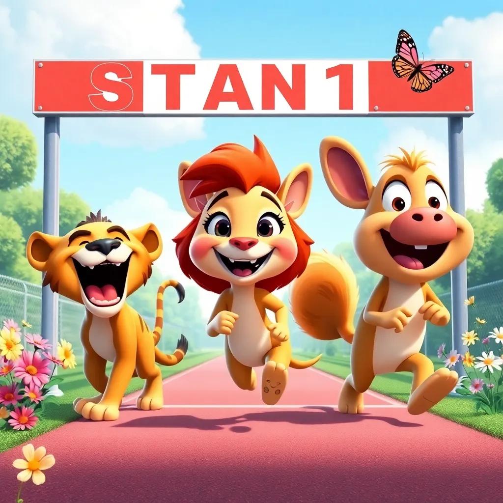 The animals at the starting line, Leo roaring, Tilly smiling, and Benny hopping, flowers and butterflies around them, cheerful scene, bright colors, fun atmosphere, high quality