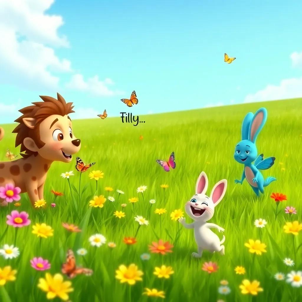 A beautiful green field filled with flowers and butterflies, Leo sniffing flowers, Tilly saying encouraging words, and Benny hopping happily, clear blue sky, joyful imagery, vibrant and colorful