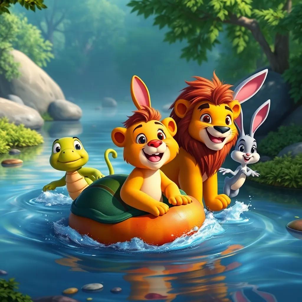 Leo the lion, Tilly the turtle, and Benny the bunny at a river, working together, Leo floating, Benny splashing, Tilly guiding them across, fun and adventurous, lively colors, magical atmosphere