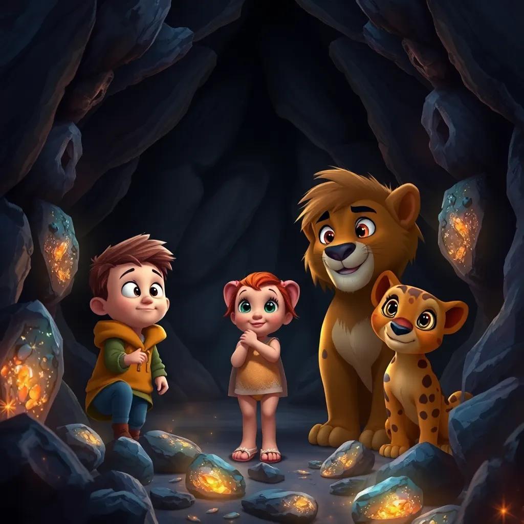 The dark cave with sparkling stones, Benny looking curious, Tilly holding Benny's paw, Leo being brave, glowing rocks shining all around, child-friendly fantasy scene, rich colors, high quality