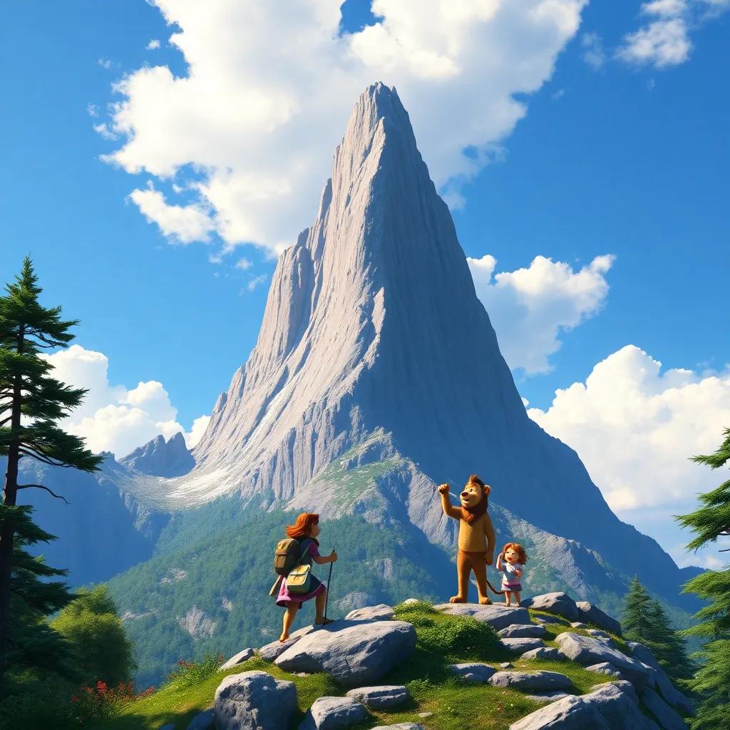The tall mountain with a breathtaking view, Tilly climbing, Leo motivating, Benny cheering, clear blue skies and fluffy clouds, triumphant feel, vibrant landscape, vivid colors