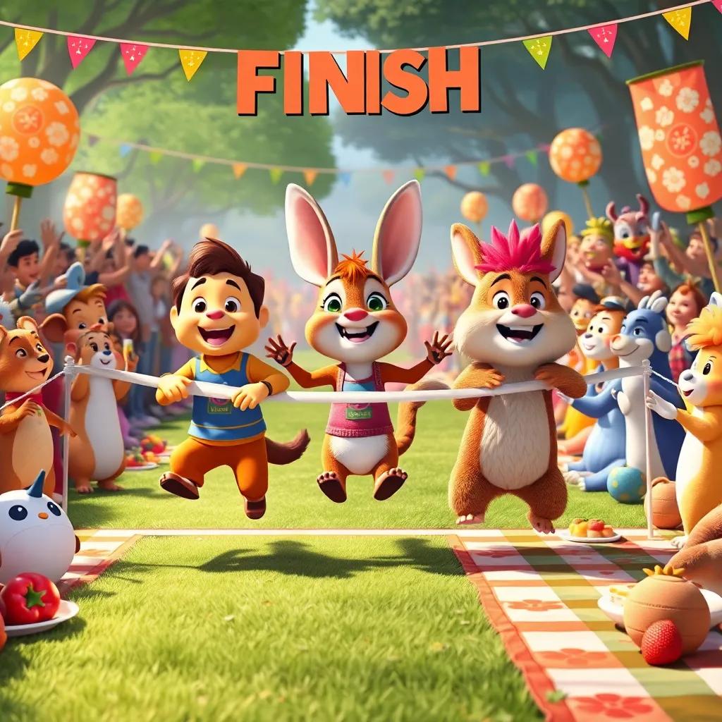 The finish line with animals celebrating, Leo, Tilly, and Benny crossing together, a cheering crowd of animals, picnic blanket with fruits and cakes in the background, bright and festive, happy atmosphere, high quality