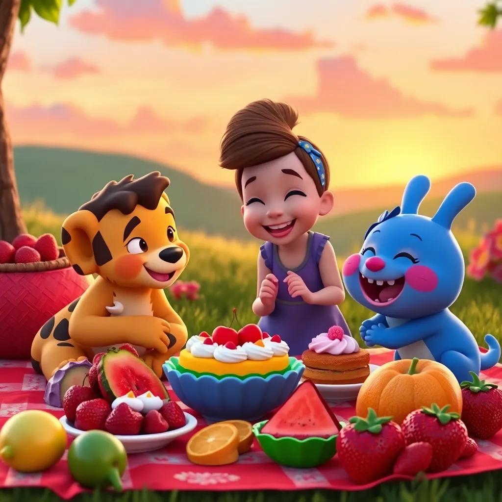 The picnic scene with colorful fruits and cakes, Leo, Tilly, and Benny sharing and laughing, sunset in the background, vibrant colors, heartwarming moment, child-friendly setting