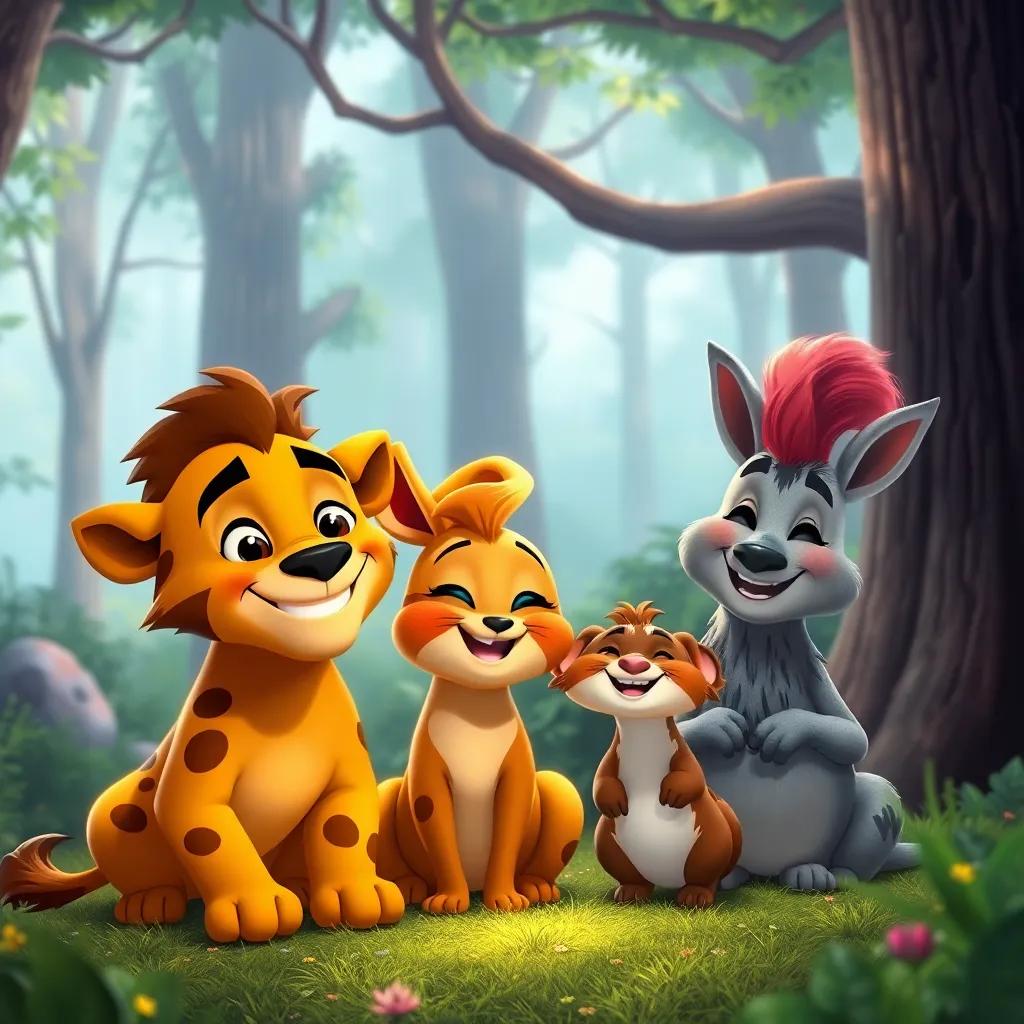 The happy animals remembering their adventure, Leo, Tilly, and Benny smiling together, cozy forest backdrop, magical atmosphere, bright and cheerful, high quality