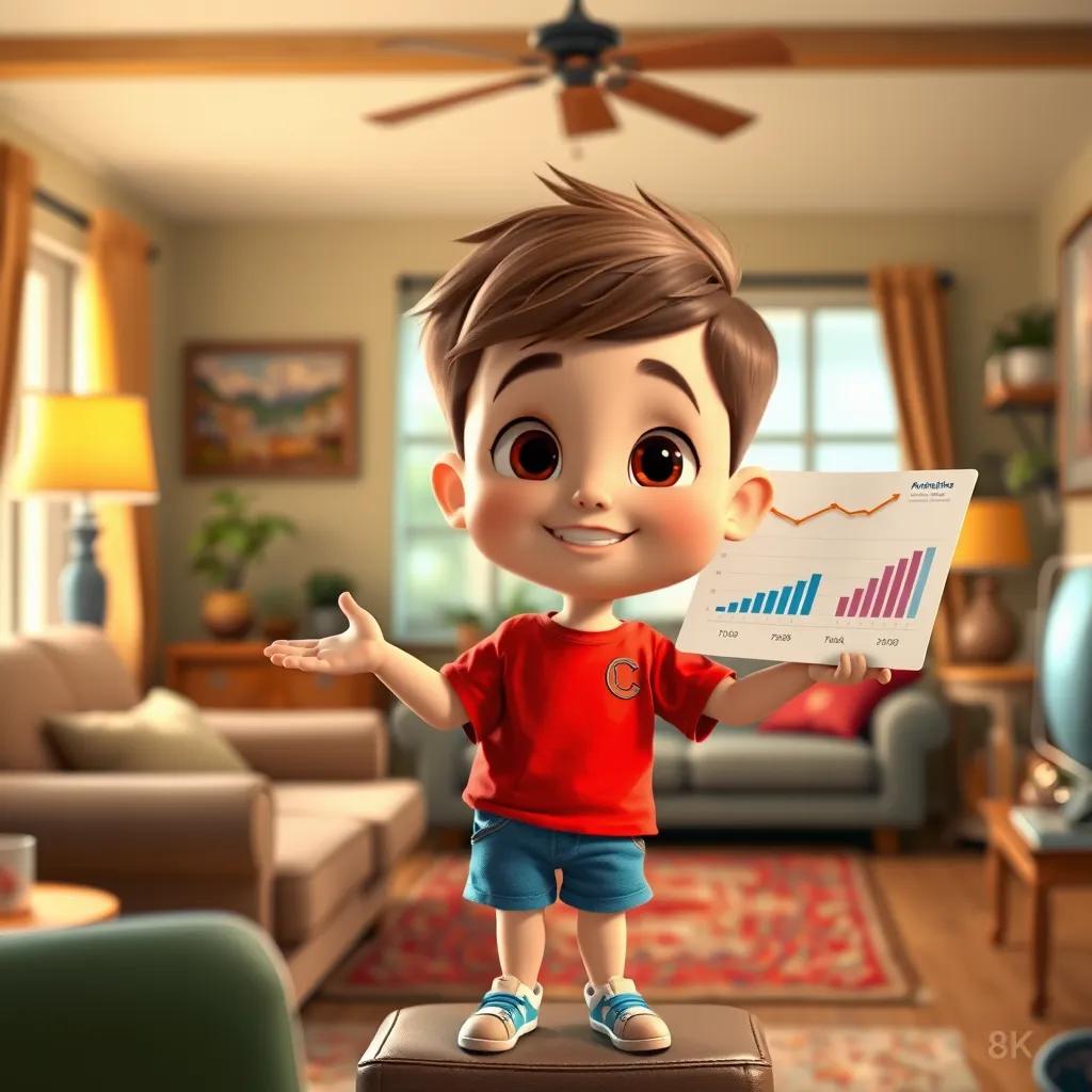 A little boy, Timmy, with short brown hair, wearing a bright red t-shirt and blue shorts, standing on a chair, presenting charts and graphs, in a cozy living room with a warm and inviting atmosphere, digital art, colorful, homey, cheerful