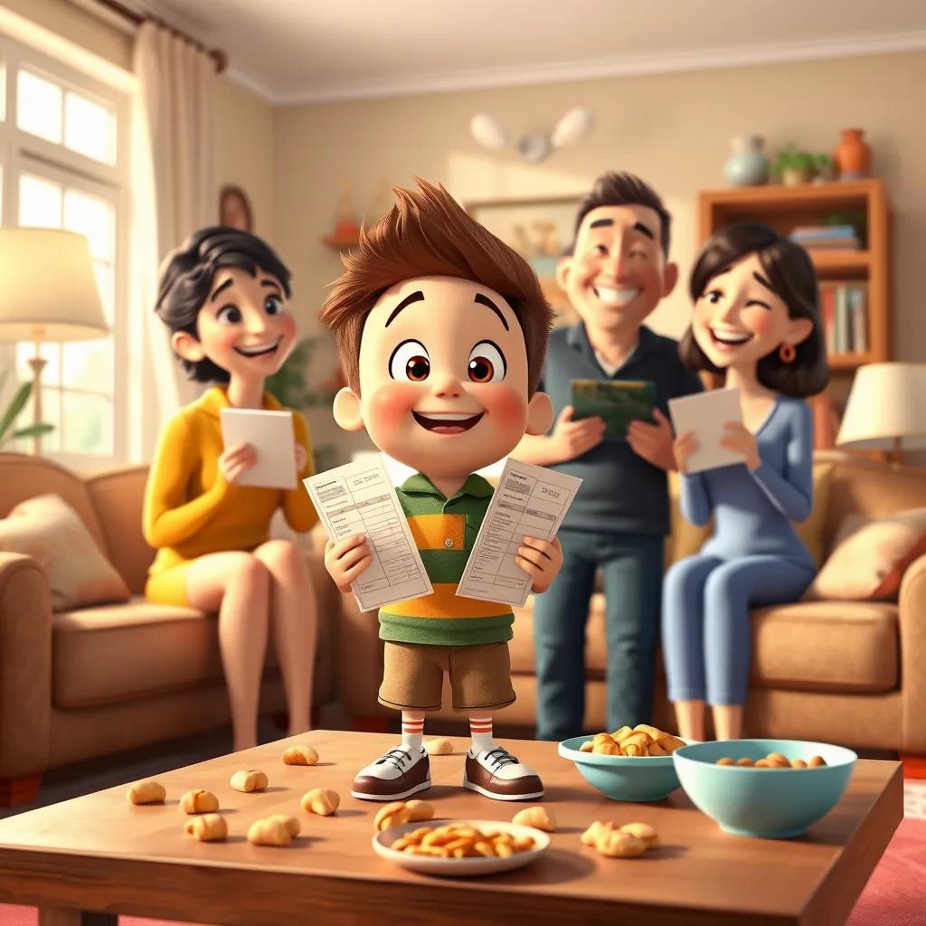 Timmy, standing confidently with charts in his hands, his parents chuckling beside him, a cozy living room filled with snacks scattered on a table, family warmth and humor in the air, cartoon style, light-hearted, fun