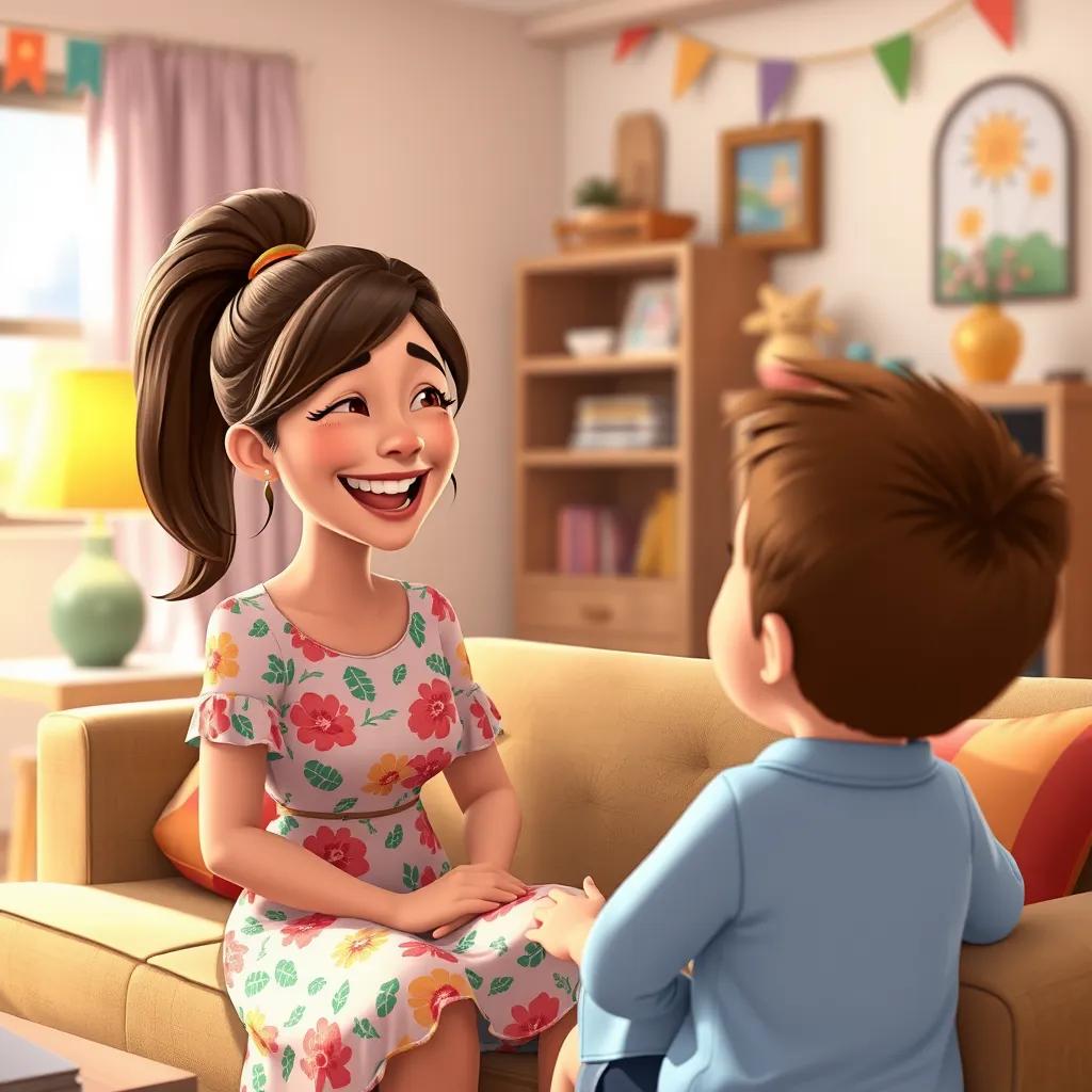 Mom, a cheerful woman with brown hair in a ponytail, in a floral dress, laughing at Timmy's presentation, sitting on a couch in a bright living room, colorful decorations, joyful atmosphere, family-oriented, illustration, friendly