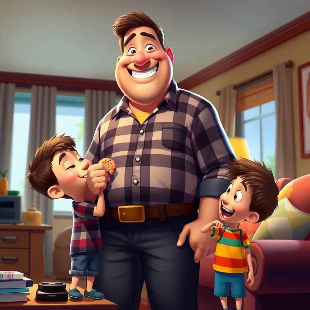 Dad, a tall man with a big smile, wearing a plaid shirt and jeans, sneaking a cookie behind Timmy's back, in a comfortable living room, with warm lighting and laughter, humorous approach, digital painting, colorful