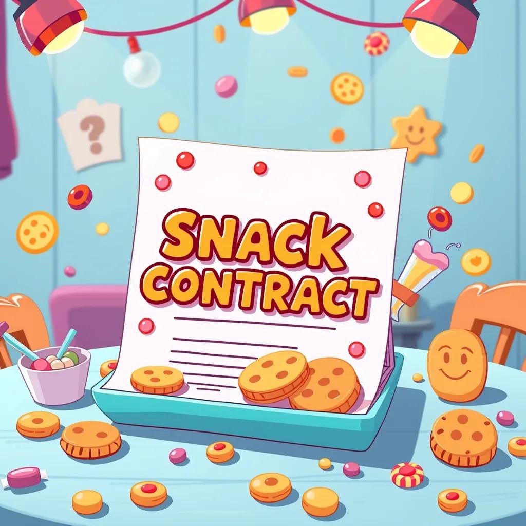 A colorful snack contract with a cartoonish title, and funny snack graphics, placed on a table surrounded by laughter, featuring cookies and candies, playful and whimsical, bright colors, illustration style, fun atmosphere