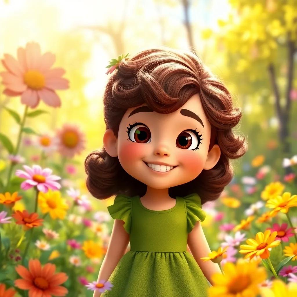 A friendly girl named Bella, with curly brown hair, wearing a green dress, surrounded by colorful flowers in a sunny forest, smiling and looking excited, digital art, bright colors, cheerful atmosphere, close-up, high quality