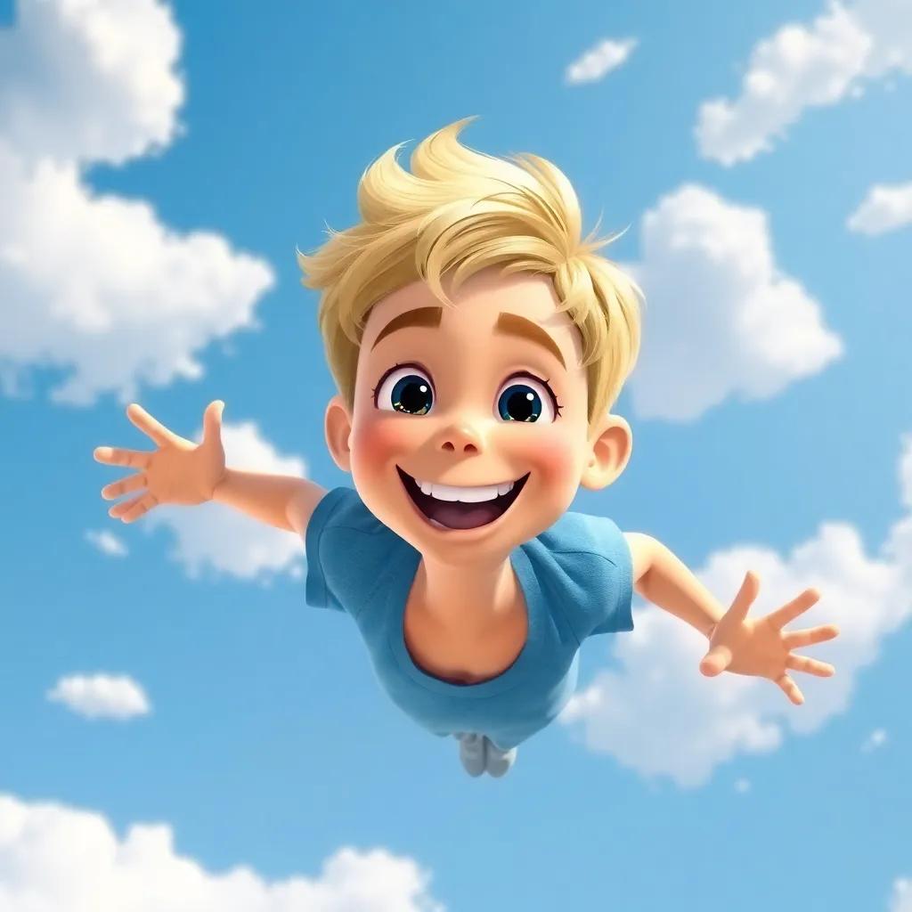 A cheerful boy named Andy, with short blonde hair, wearing a blue t-shirt, floating in a clear blue sky with fluffy white clouds, joyfully swirling, digital art, vibrant colors, playful atmosphere, aerial view, high quality