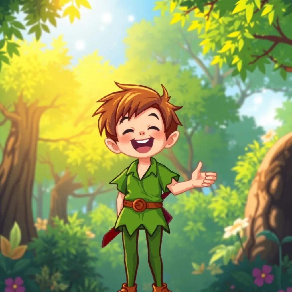 A young boy, Peter Pan, with messy brown hair wearing a green tunic and tights, laughing joyfully in a sunlit forest, with lush green trees and a cheerful atmosphere, digital art, vibrant colors, whimsy, high quality