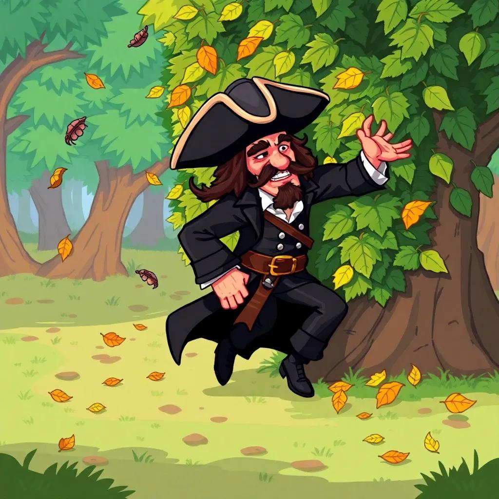 An old pirate, Captain Hook, with a long black coat and a tricorn hat, stumbling into a bush with leaves flying around him, set against a playful and colorful forest background, illustration, dynamic action, jovial mood, high quality