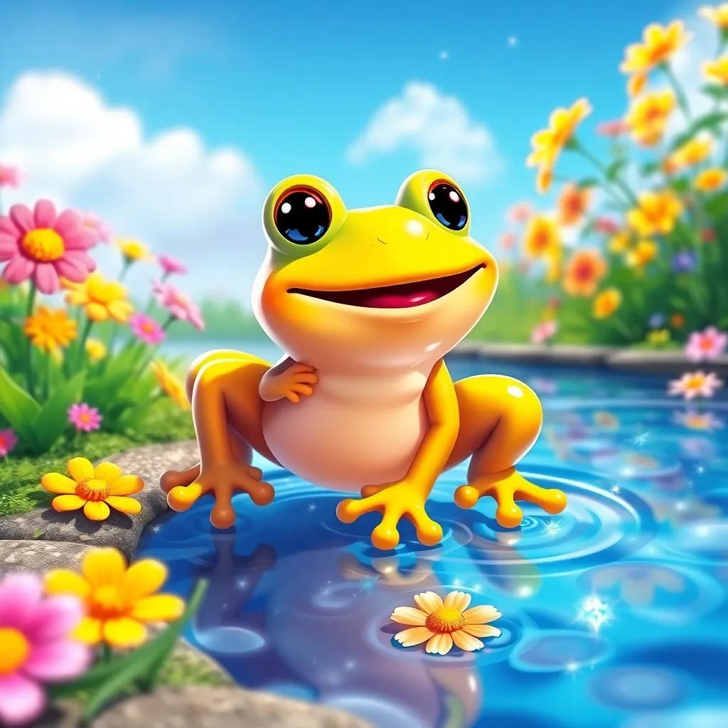 A cheerful little frog named Freddie, brightly colored, hopping near a sparkling pond with colorful flowers around, sunny day, vibrant scene, adorable and joyful