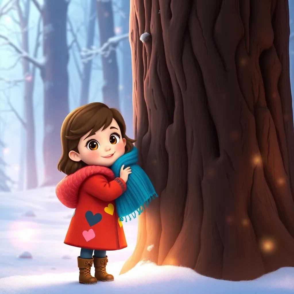 A little girl named Lila, with brown hair and a colorful coat, wrapping a bright blue scarf around the tall, grumpy tree in a snowy forest, magical aura, warm and inviting light, storytelling, vibrant colors