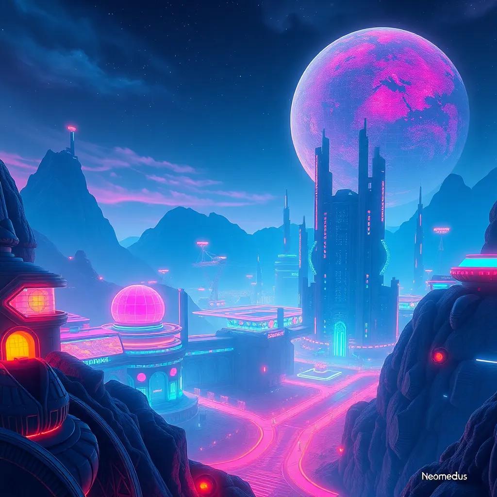 A futuristic landscape on the planet Neomedus with glowing buildings and bright lights, showcasing a large superintelligent AI interface, digital art, vibrant colors, hopeful atmosphere, high quality