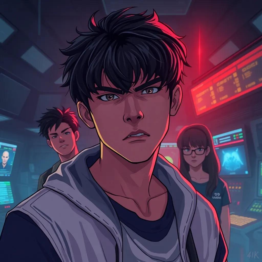 A determined young man, Amir, with dark hair and an expression of anger, standing with friends in a dimly lit control room, digital illustration, intense mood, hints of rebellion, high quality