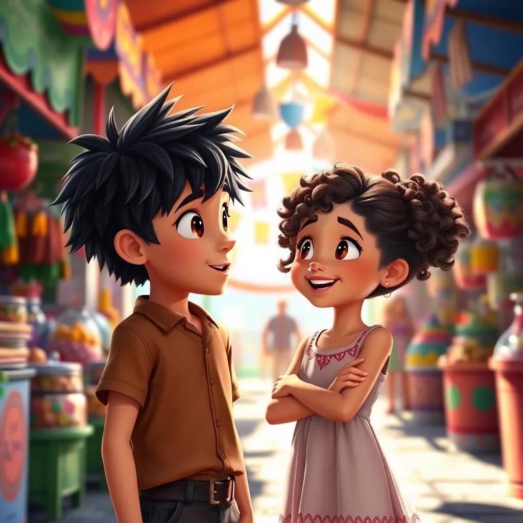 A young boy, Leo, with deep brown eyes and messy black hair, standing in a vibrant marketplace, speaking passionately to his sister Lila, a young girl with curly brown hair wearing a simple dress, colorful stalls around them, bright sunlight, lively atmosphere, detailed, cheerful scene, high quality