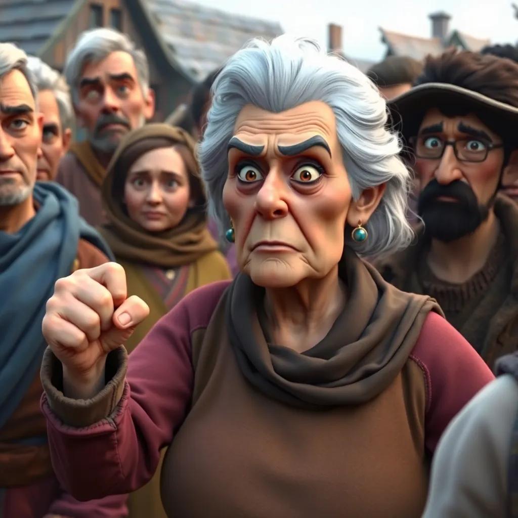 A worried crowd of townsfolk gathered, with old Widow Marge in the forefront, a stern-looking elderly woman with silver hair, shaking her fist, villagers with varying expressions, tense atmosphere, colorful clothing, layered scene, digital art
