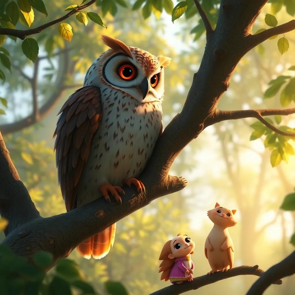 A wise old owl, Oliver, perched high on a leafy branch, looking down at Leo and Lila, soft light filtering through the trees, lush surroundings, captivating and thoughtful demeanor, peaceful magic, fantasy style