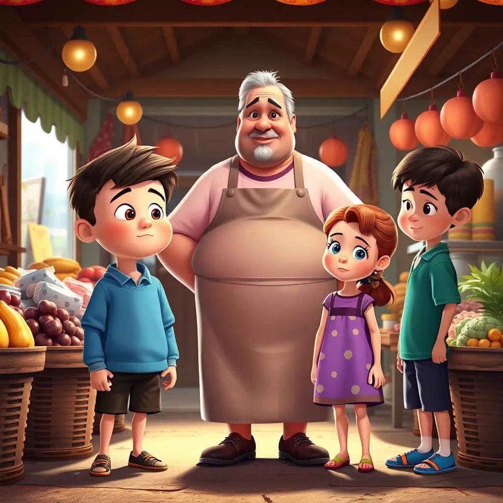 Leo, Lila and their brother standing in front of the merchant, a middle-aged man with a round belly and an apron, all looking concerned, market stalls around them, warm tones, summer scene, storytelling view, vibrant colors