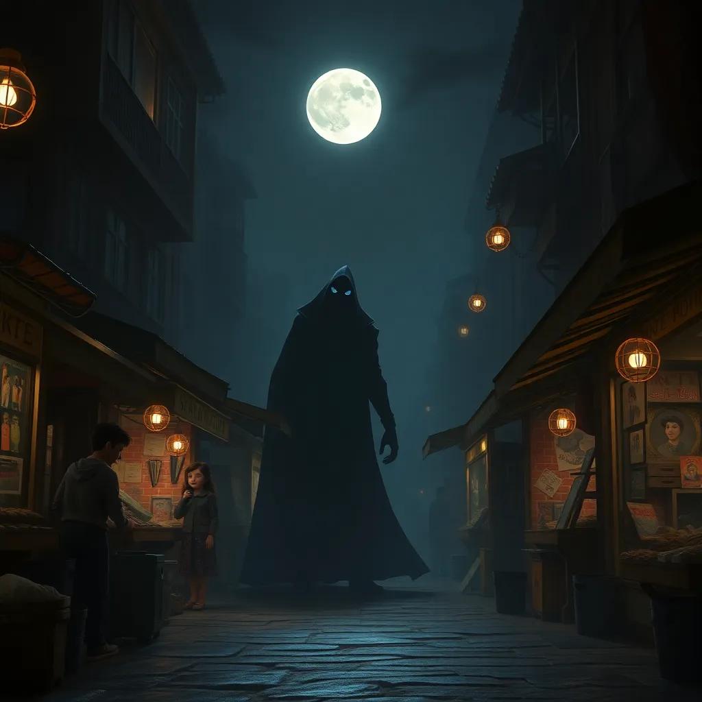 A shadowy figure lurking in the marketplace at night, with Leo, Lila, and Oliver hiding behind stalls, moonlight illuminating the scene, suspenseful mood, detailed, dramatic atmosphere, artistic composition