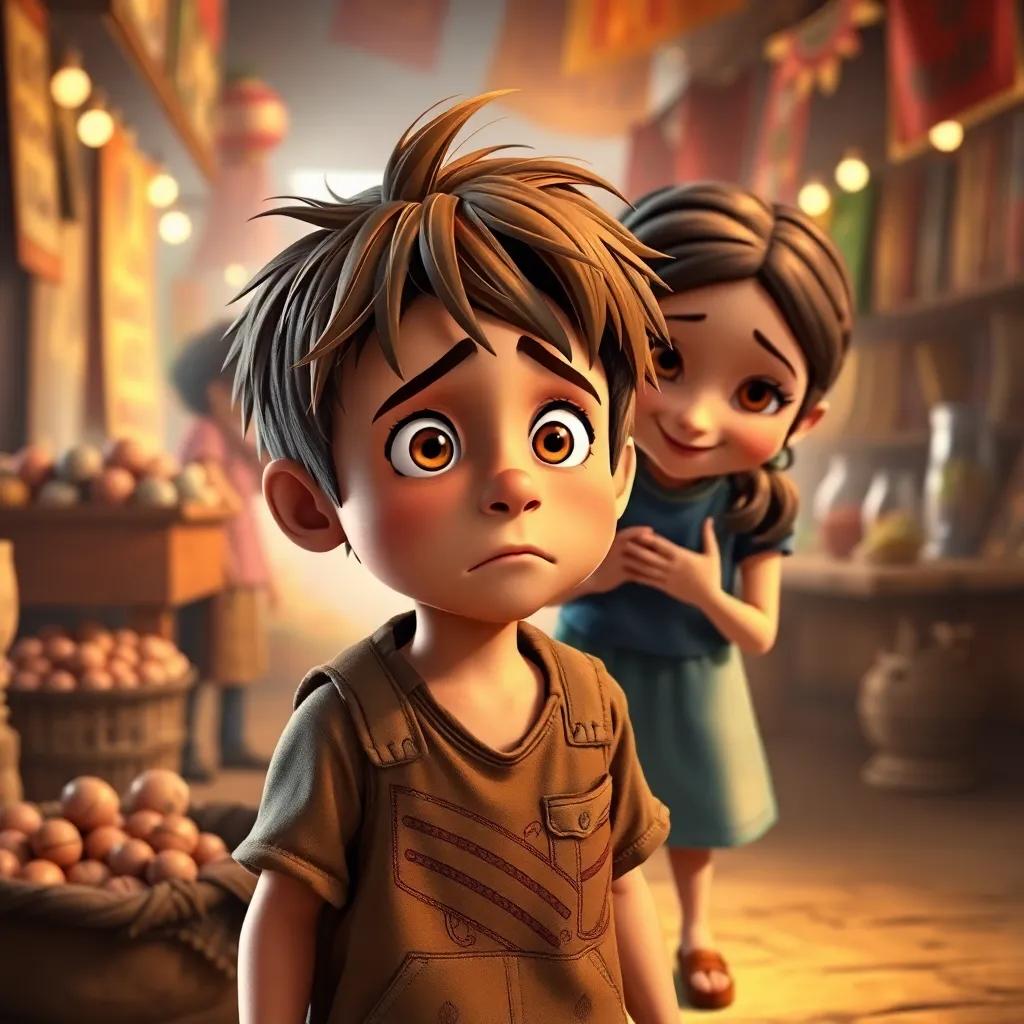 Timmy, a young boy with scruffy clothes and unkempt hair, looking frightened but remorseful, with Leo and Lila comforting him in the marketplace, warm light, caring expressions, heartwarming and uplifting, child-friendly