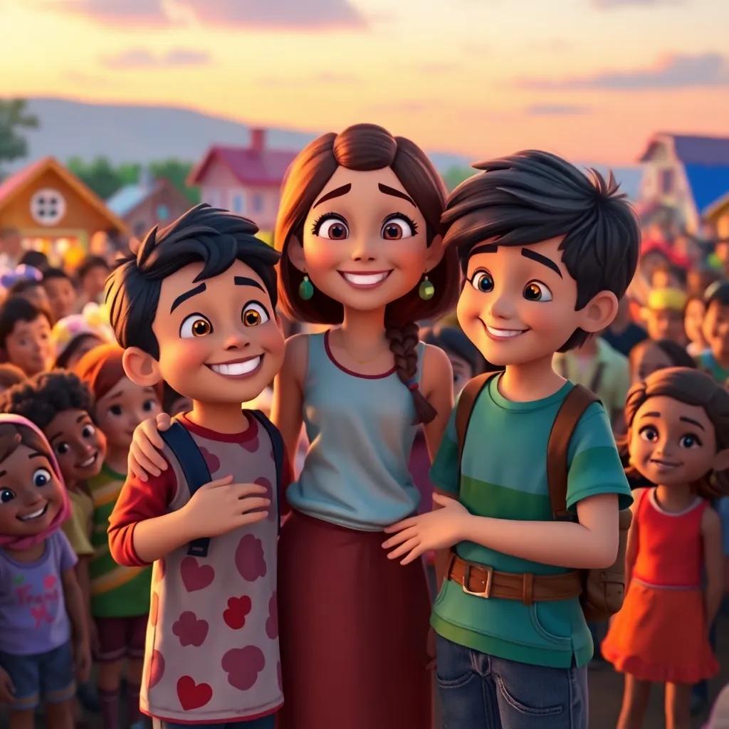 Leo, Lila, and Timmy sharing a moment in front of the diverse crowd of villagers, smiling and seeking understanding, colorful setting at dusk, a hopeful atmosphere, community spirit, bright colors, inviting scene