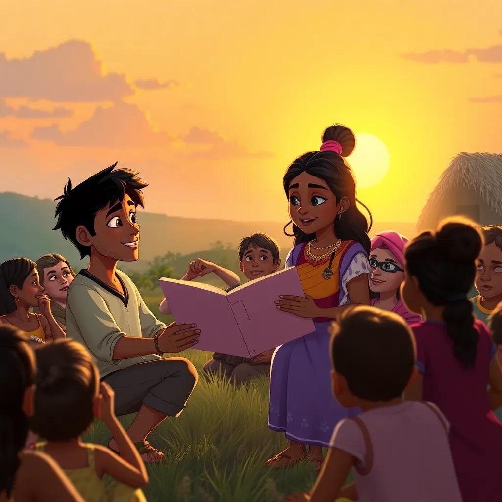 Leo and Lila presenting their story to the villagers, a diverse group with varying expressions of compassion and interest, sunset lighting casting warmth, feeling of unity and understanding, engaging scene, well-defined characters, digital illustration