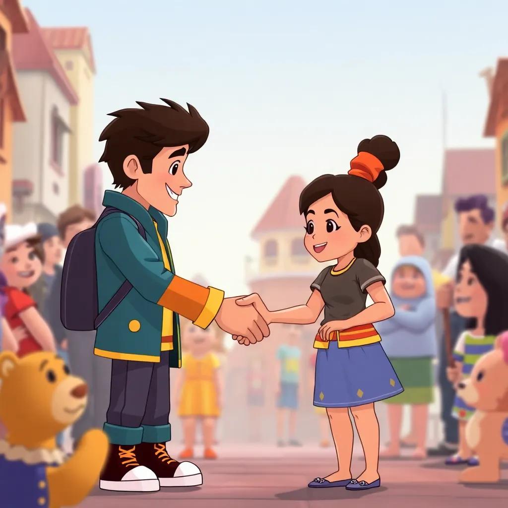 Leo and Lila shaking hands with Timmy, symbolizing friendship and promise to help him, surrounded by supportive townsfolk, warm colors creating a positive vibe, heartfelt moment captured, engaging story elements, smooth lines