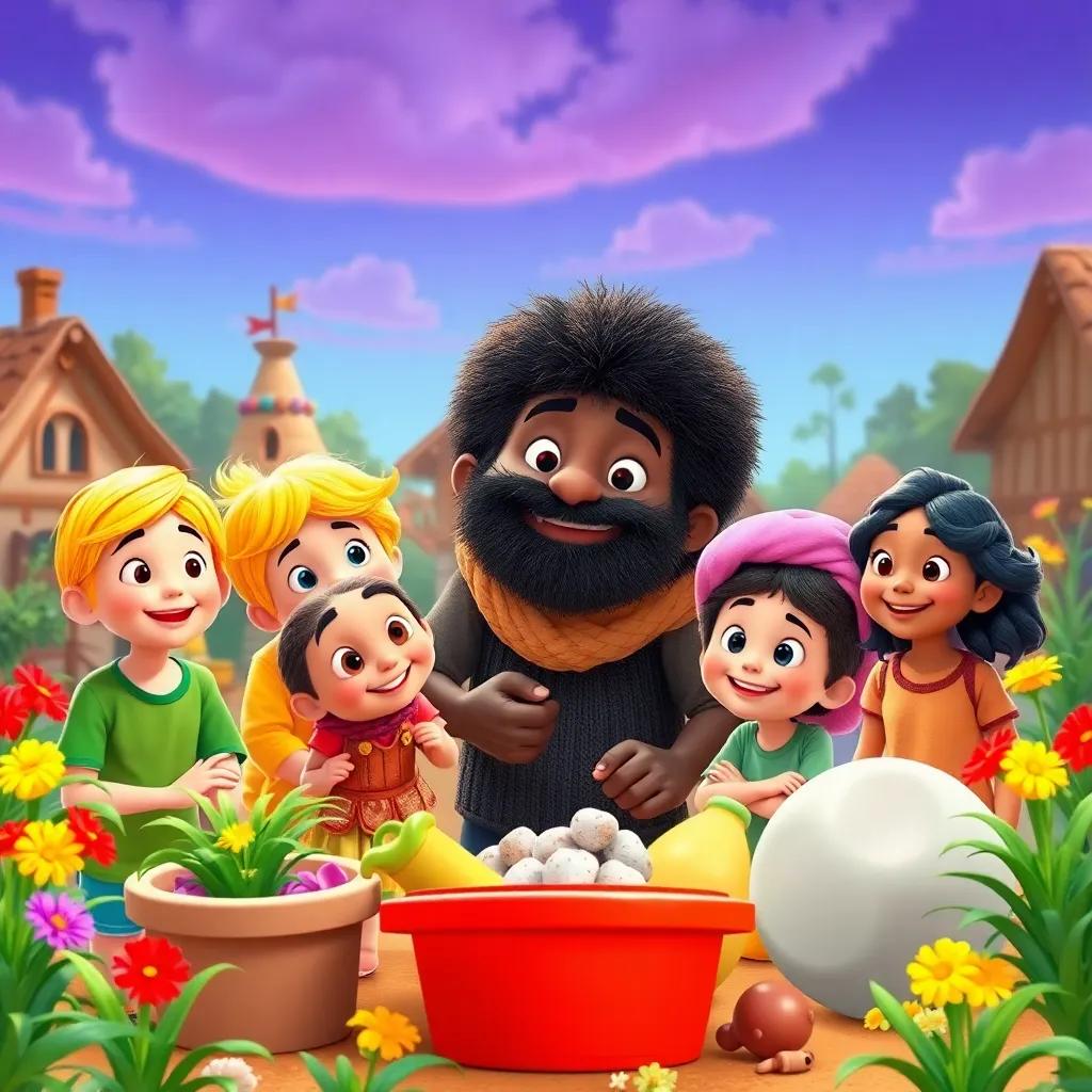 A vibrant scene of the friends and villagers working together, helping rebuild and support Timmy, community collaboration depicted with smiles, colorful surroundings depicting joy and cooperation, lively artistic inspiration, high quality