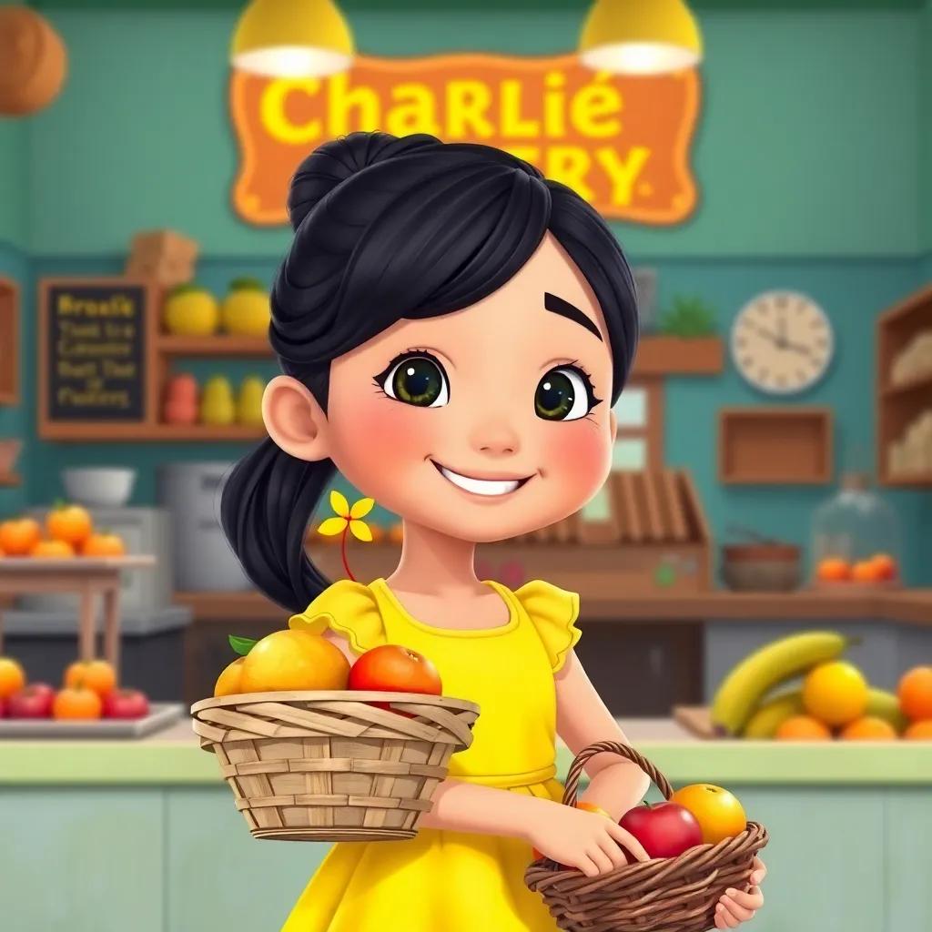 A kind young girl named Mia, a young girl of Asian descent, with long black hair in a ponytail, wearing a bright yellow dress, smiling in Charlie's bakery, holding a basket of fresh fruits, colorful and happy, cartoon style, vibrant atmosphere, engaging view
