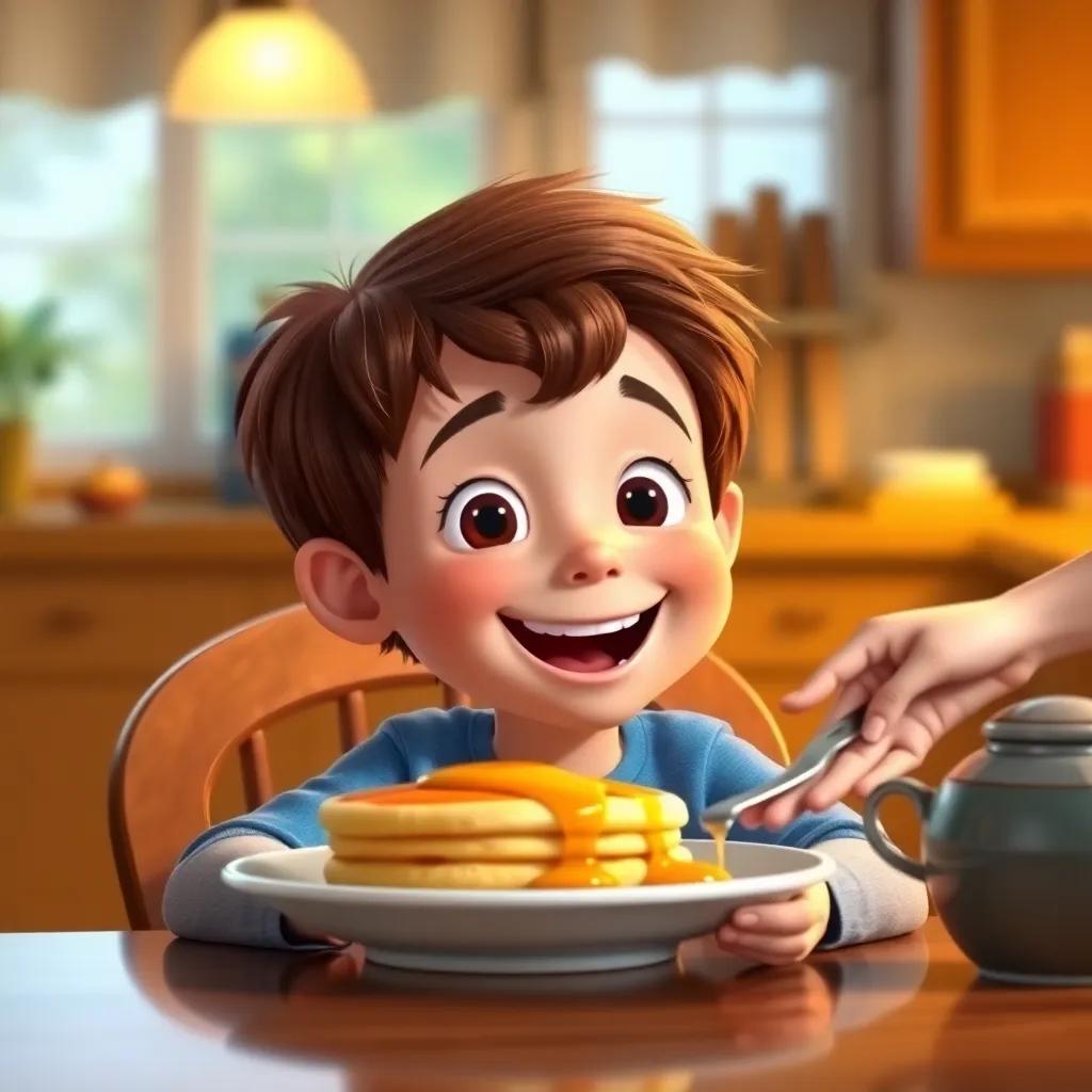 Sam, a happy boy with brown hair wearing a blue shirt, sitting at a kitchen table with pancakes and syrup, mom handing him a plate, warm light, cheerful scene, inviting