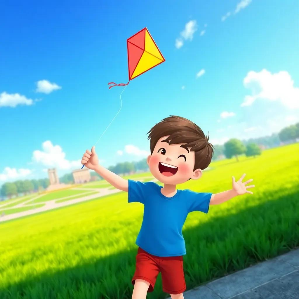 Sam, a joyful boy with brown hair in a blue shirt and red shorts, holding a colorful kite near a big park with green grass and blue sky, excitement on his face, illustration, bright colors, playful