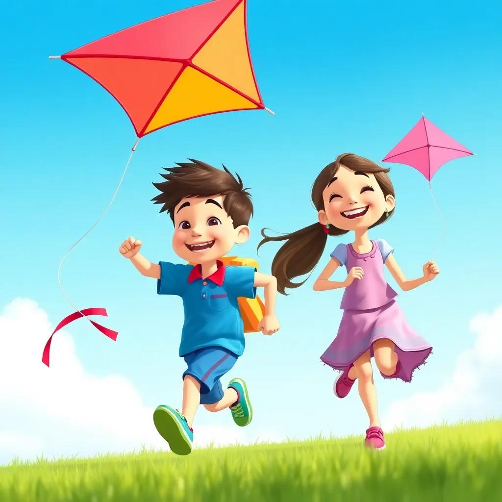 A joyful scene of Sam, a boy in a blue shirt, running with his colorful kite alongside his friend Lily, who has a pink kite, both laughing under a clear blue sky, illustration, vibrant and engaging