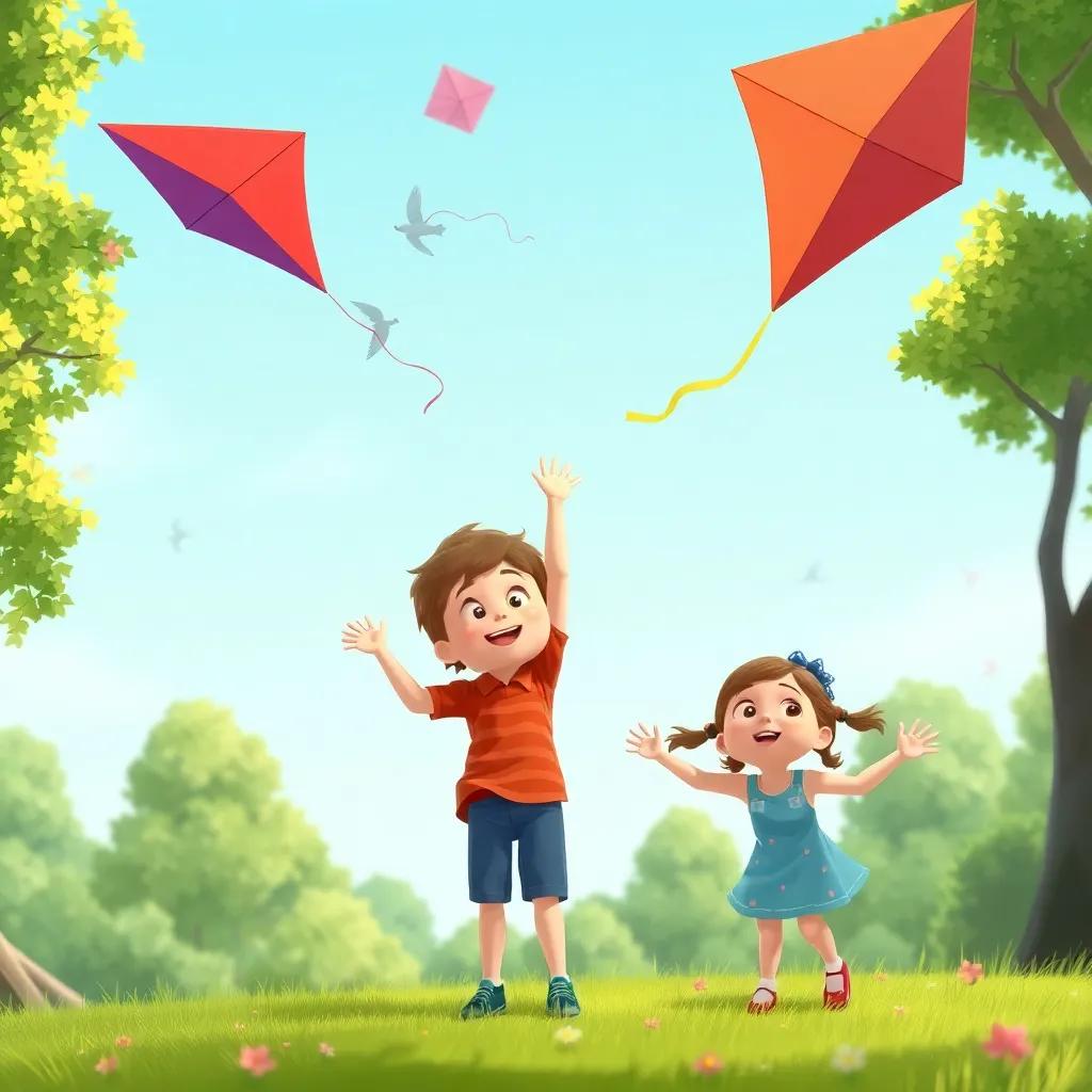 Sam and Lily enjoying the park with their kites soaring high in the sky, looking up with excitement, green park background, digital illustration, joyful and colorful