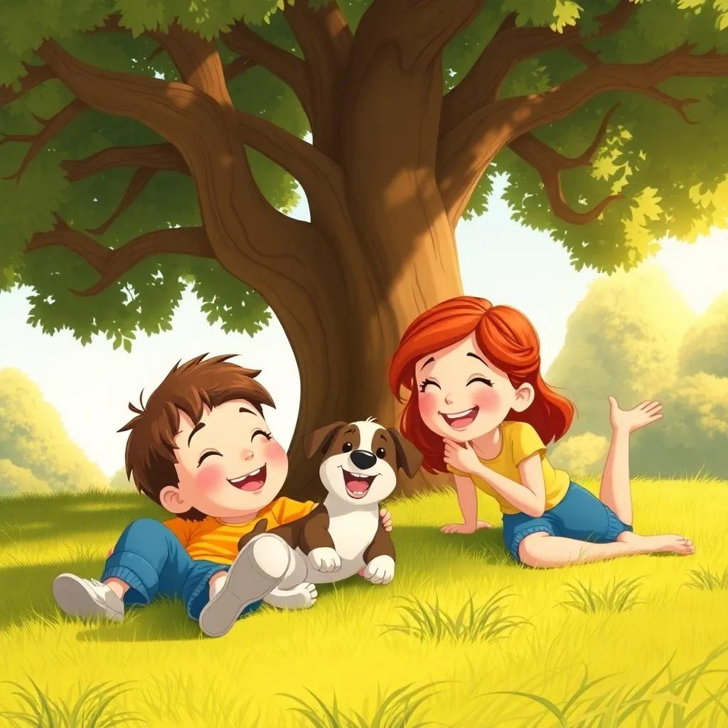 A happy moment of Sam and Lily playing with a puppy under a big tree, laying on the grass, laughing, clear sunny day, illustration, warm colors and friendly vibes
