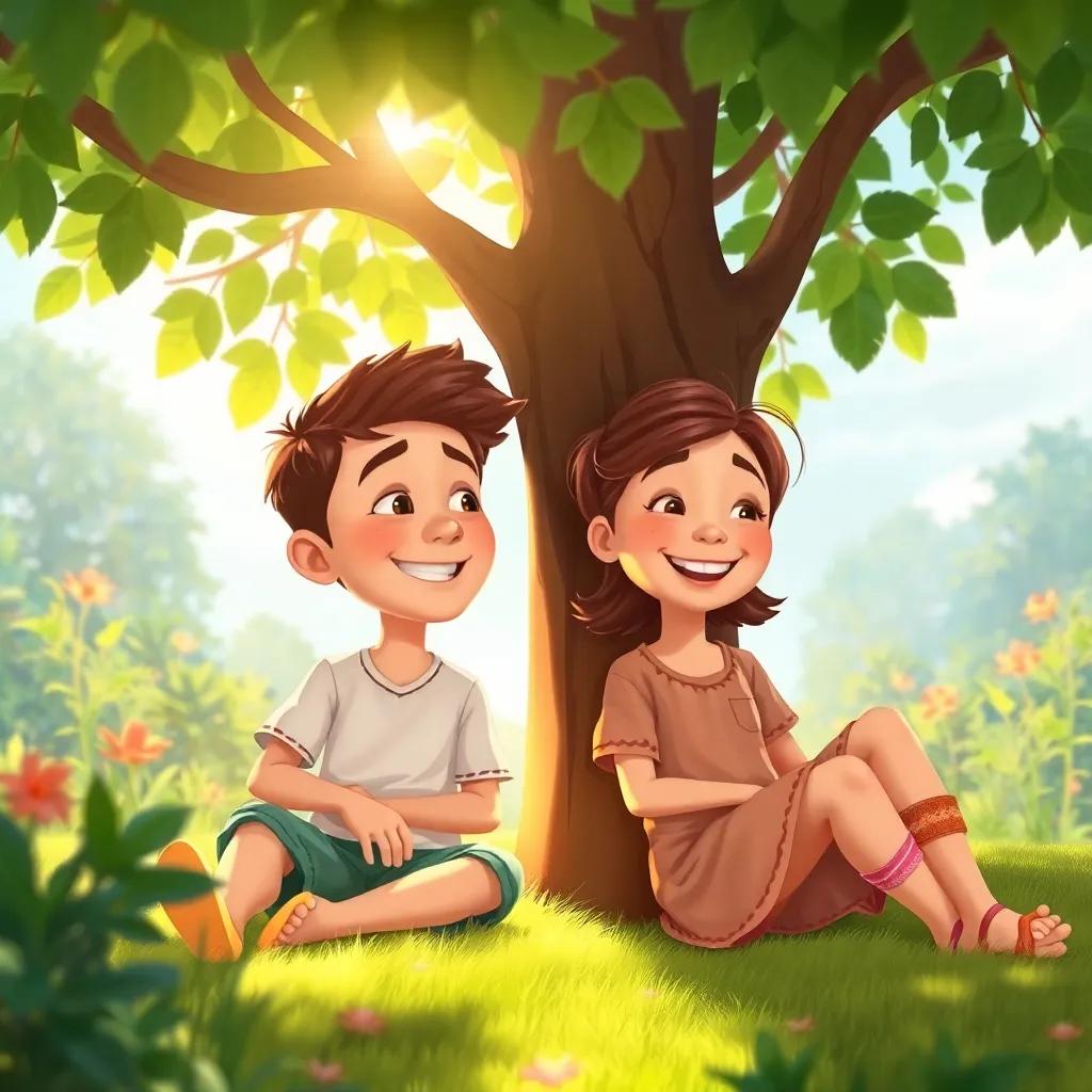 Sam and Lily resting together under a tree, smiling and talking about their day, sun shining through the leaves, peaceful atmosphere, digital art, uplifting