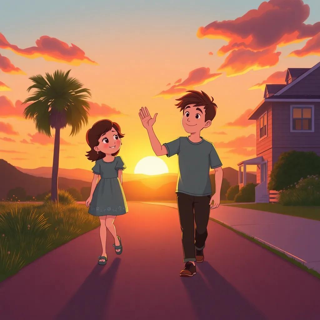 A sunset scene of Sam waving goodbye to Lily, walking home with a smile on his face, happy thoughts about his day, beautiful sunset backdrop, illustration, warm and inviting
