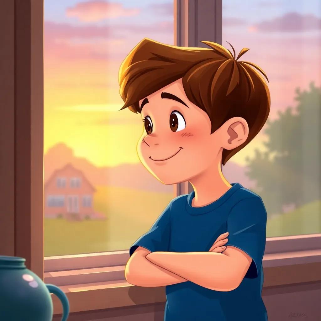 A happy Sam reflecting on his joyful day at home, a young boy with brown hair in a blue shirt, looking out the window at the sunset, thoughtful and pleased, digital art, heartwarming