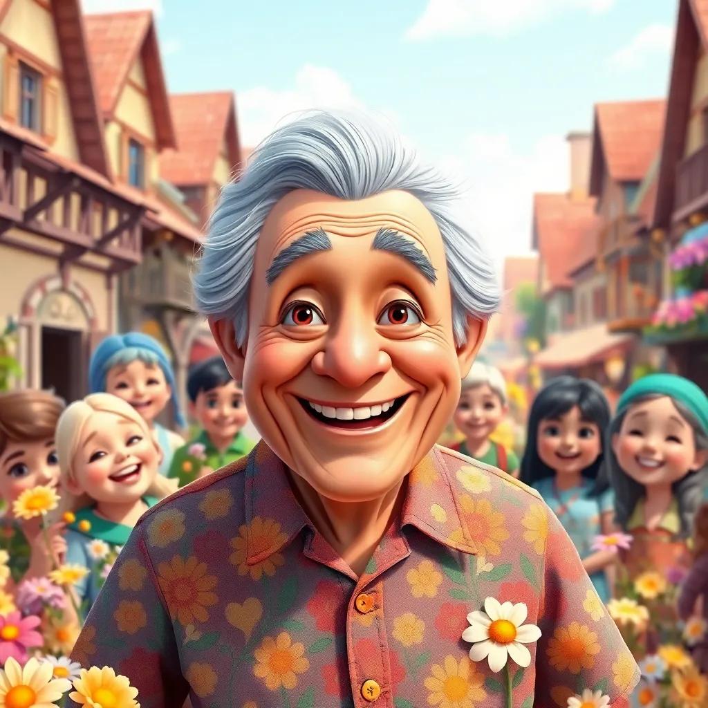 An old man, Mr. Grumble, with gray hair wearing a colorful shirt, smiling brightly surrounded by villagers with happy faces, in a sunny village square filled with flowers, cheerful illustration, bright colors, heartwarming scene