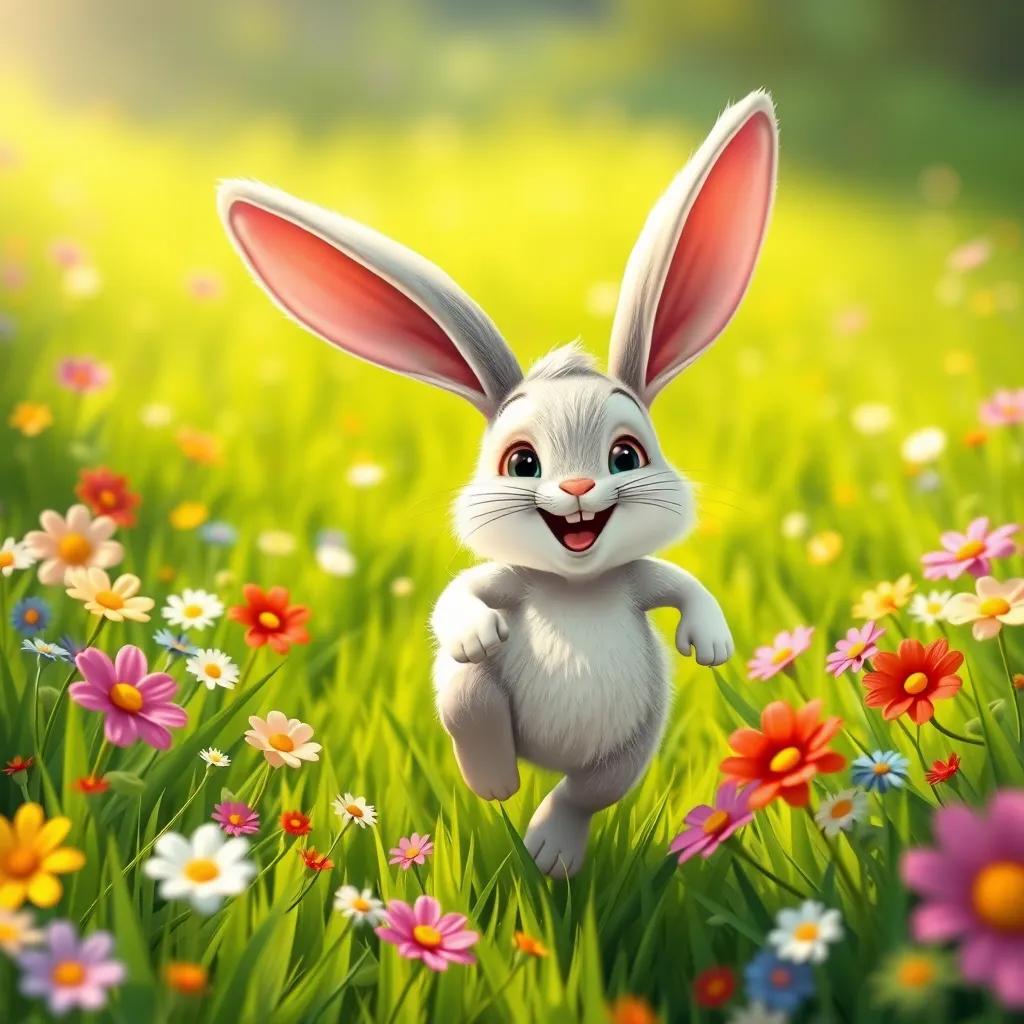 A happy bunny, Benny, with fluffy white fur and big ears, hopping in a bright green meadow filled with colorful flowers and the sun shining, cheerful, detailed digital art, vibrant colors, high quality