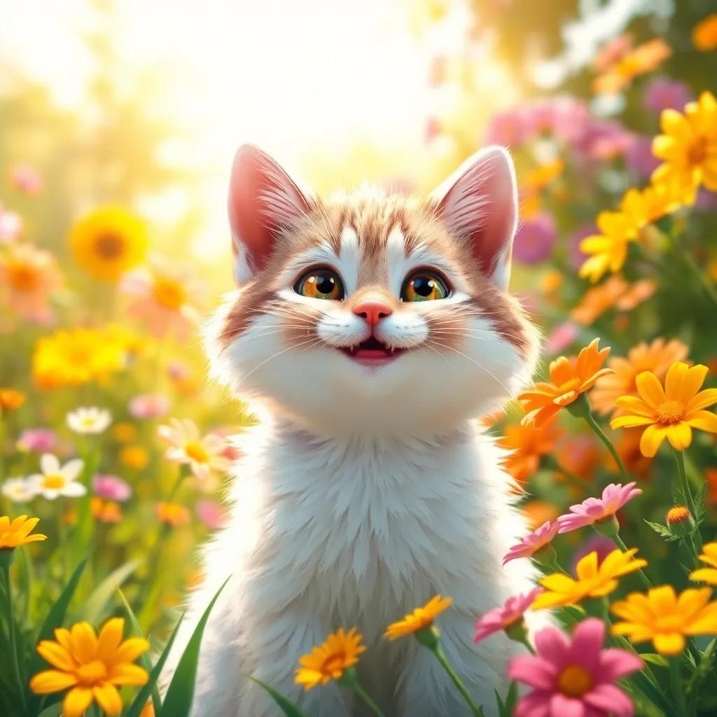 A fluffy cat in a sunny garden, smiling at colorful flowers, bright sunlight, vibrant colors, cheerful atmosphere, digital art, high quality