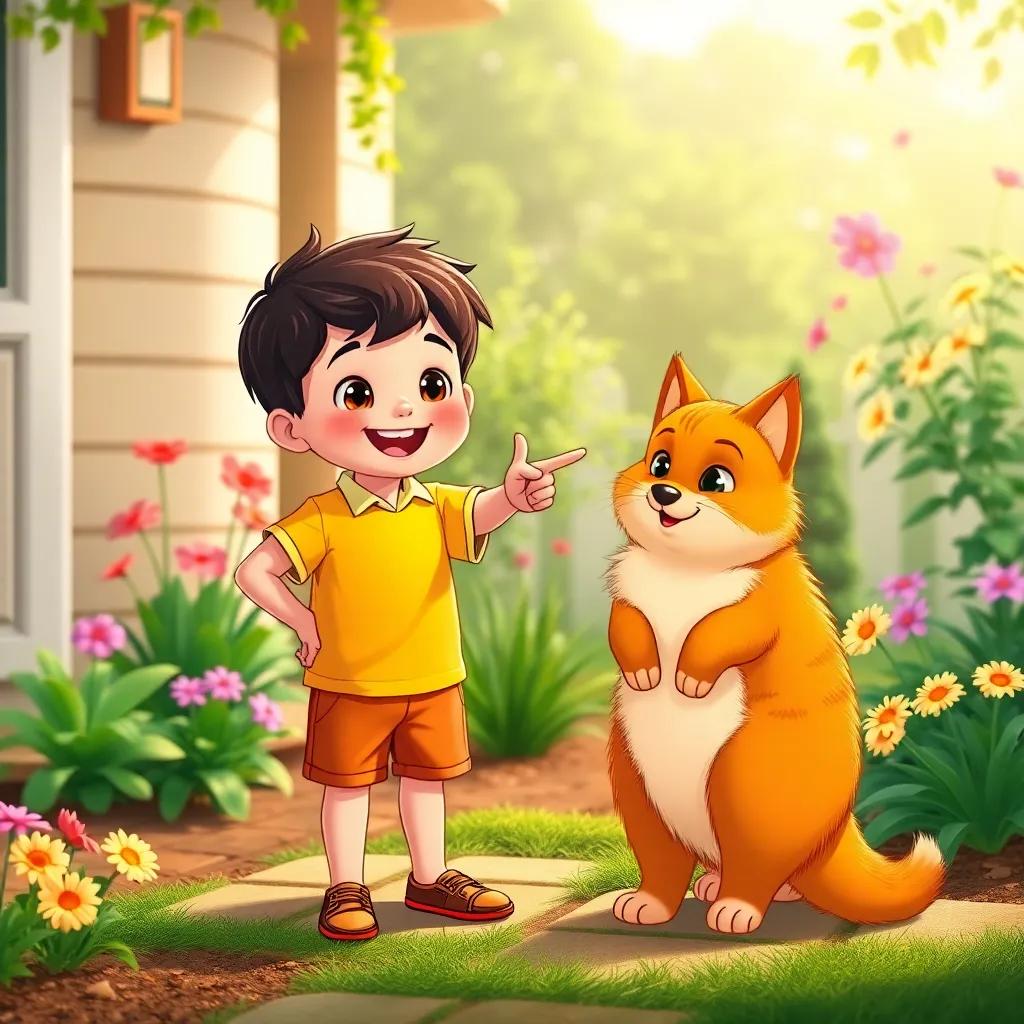 A little boy standing outside, pointing at the fluffy cat, wearing a bright shirt and shorts, with a big smile, surrounded by the cheerful garden, illustration, funny and lively
