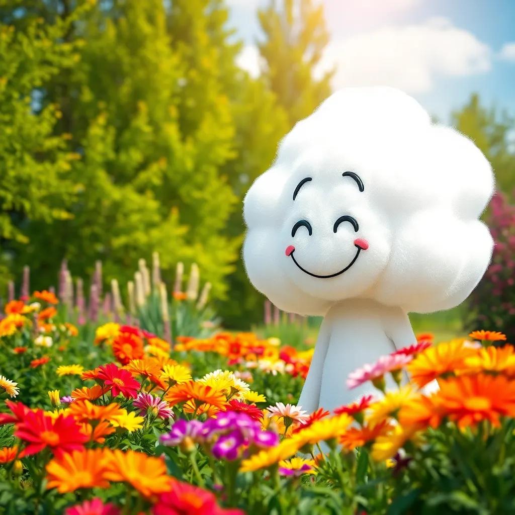 Puffy the cloud, smiling and looking down at colorful flowers and tall trees, vibrant garden scene, sunny day, cheerful colors, harmony and happiness, warm light